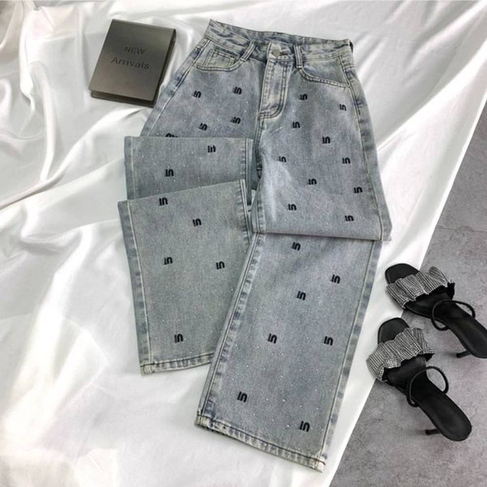 womens letter jeans hot diamond high waisted denim straight leg