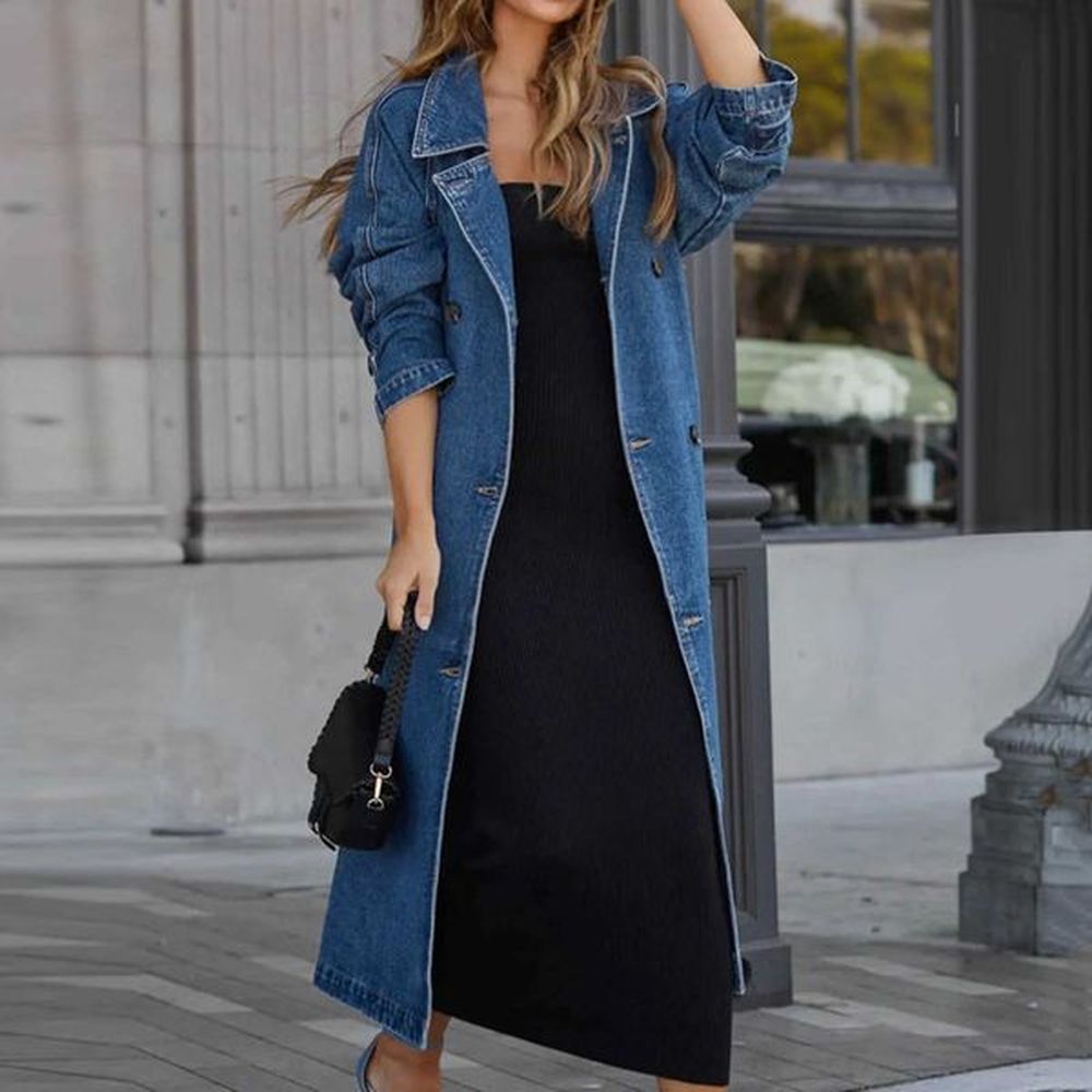 womens long denim trench coat with belt vintage loose fit