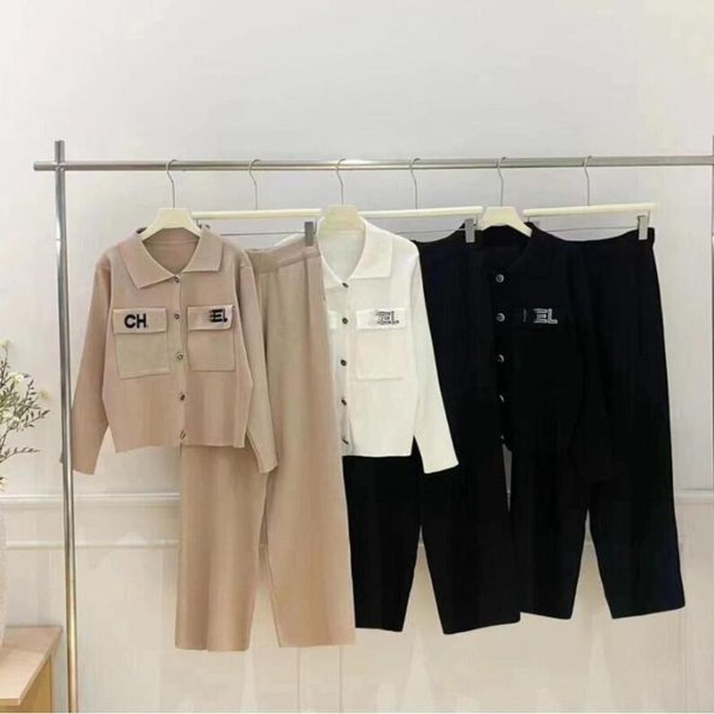 womens long sleeves designer twopiece set suit knitted tracuit spring