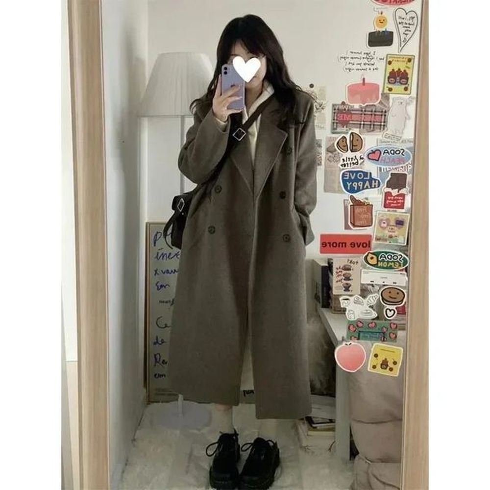 womens medium length coat black wool jacket student jacket korean