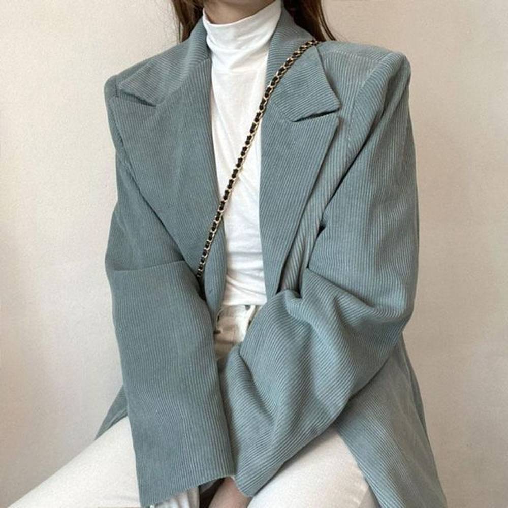 womens minimalist blazers oversized solid turndown collar two buttons corduroy
