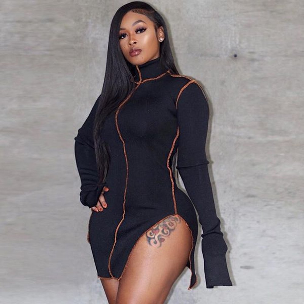 womens one piece dress new soild color long sleeve high
