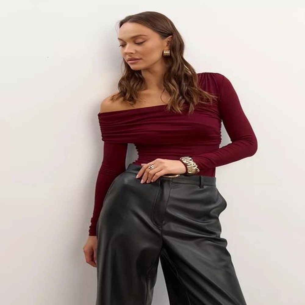 womens one shoulder cutout draped evening top womens long sleeve