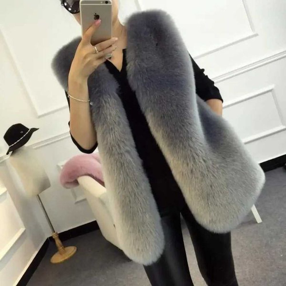 womens outer wear faux fur vest mediumlength jacket for autumnwinter