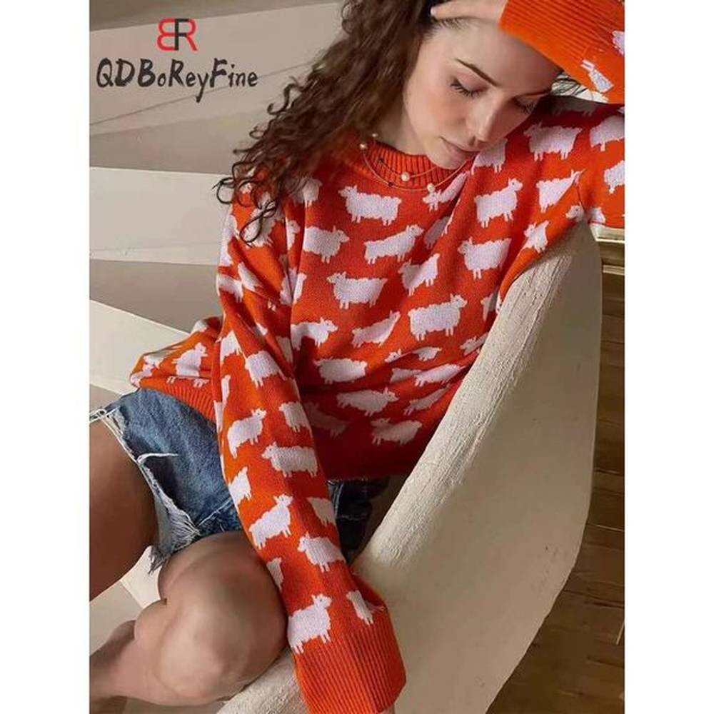 womens oversize sweater winter autumn animal printed oneck casual jumpers