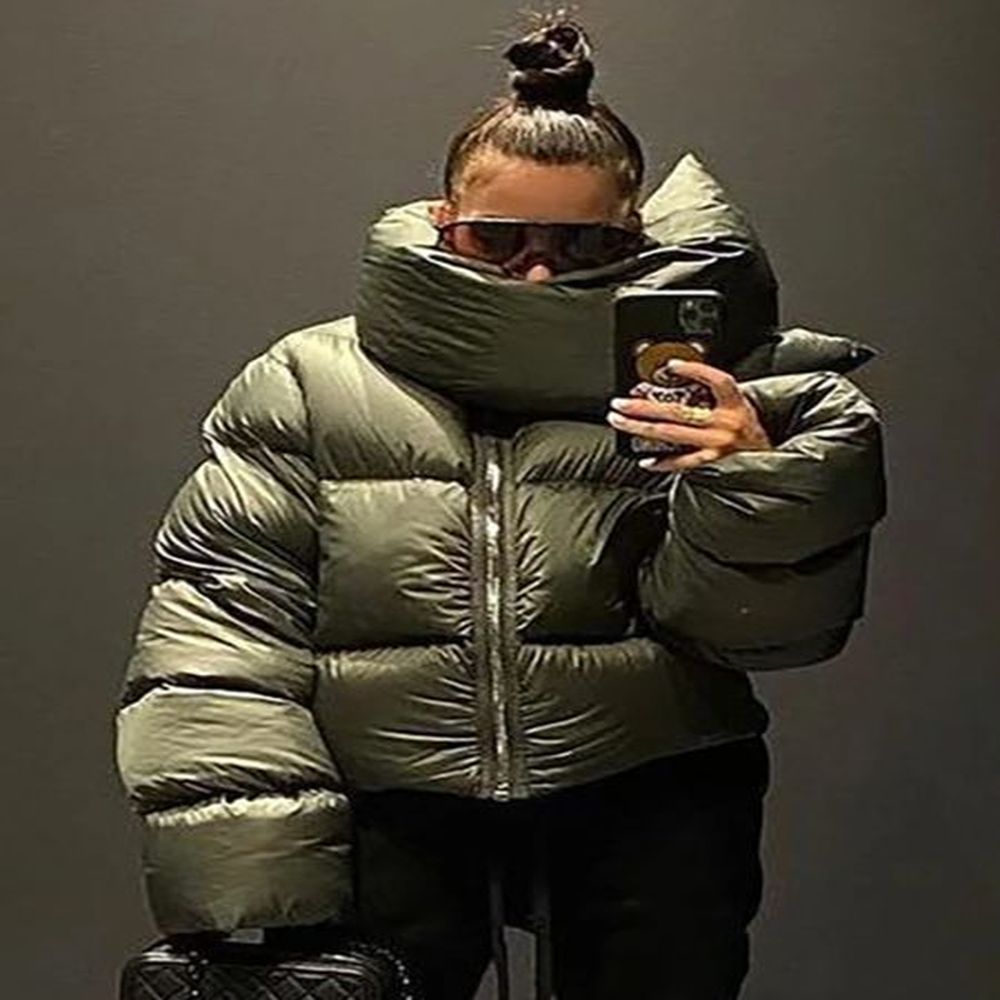 womens oversized puffer jacket with scarf collar in green