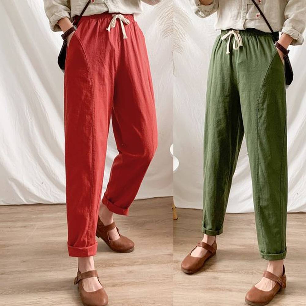 womens pants spring summer casual cotton linen solid elastic waist