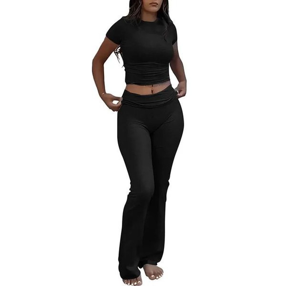 womens piece casual exercise solid color set ultrathin short sleeved
