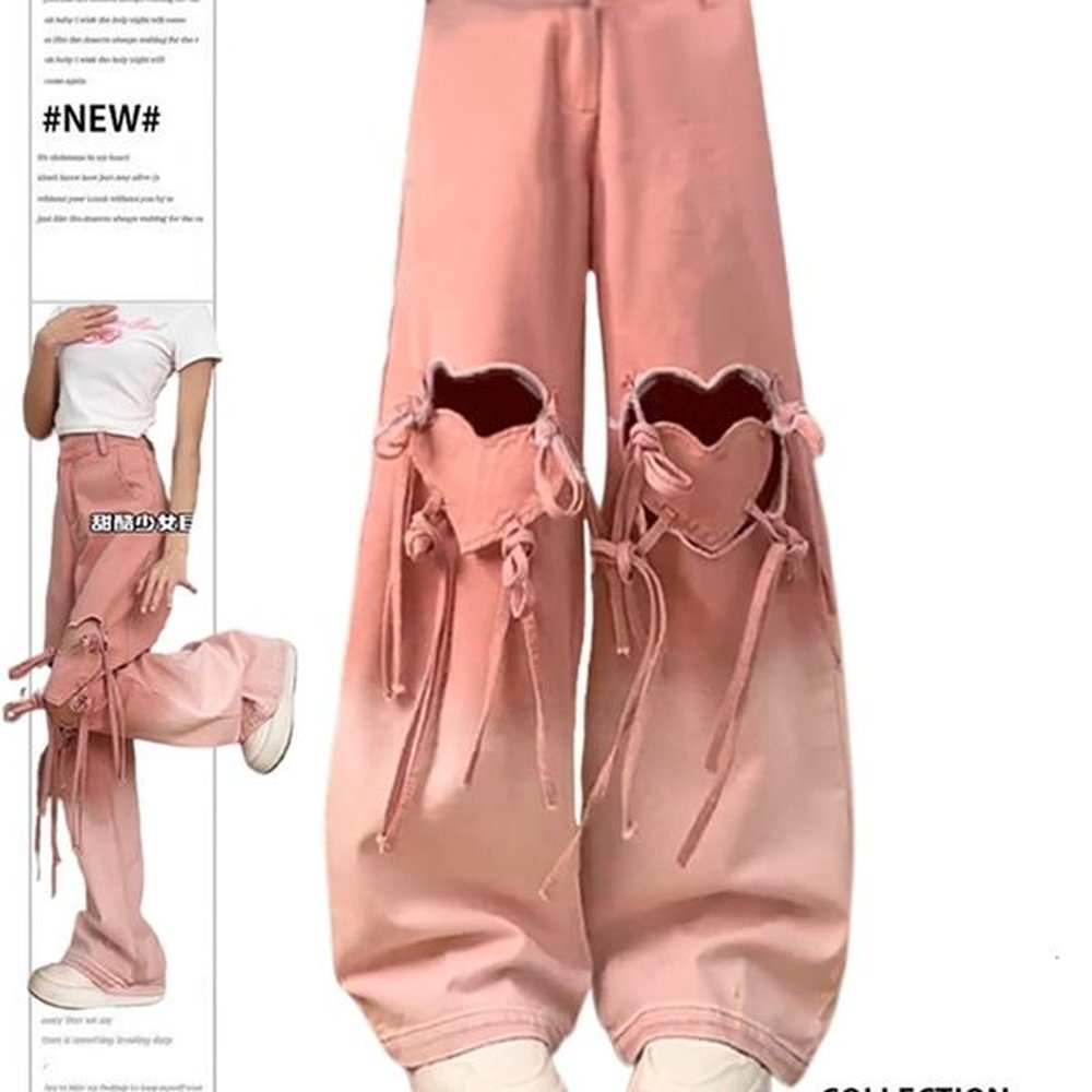 womens pink jeans baggy harajuku aesthetic hollow out denim trousers