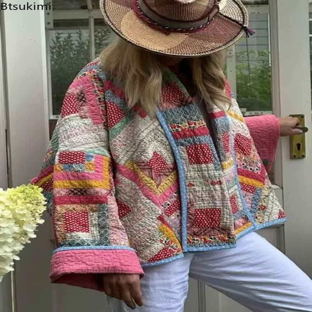 womens pink vintage print patchwork cotton coats parkas long