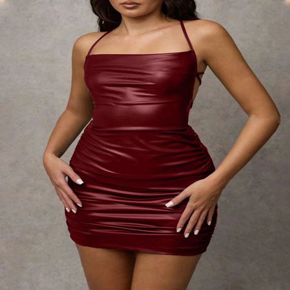 womens pleated backless tie halter neck pu leather fashion dress