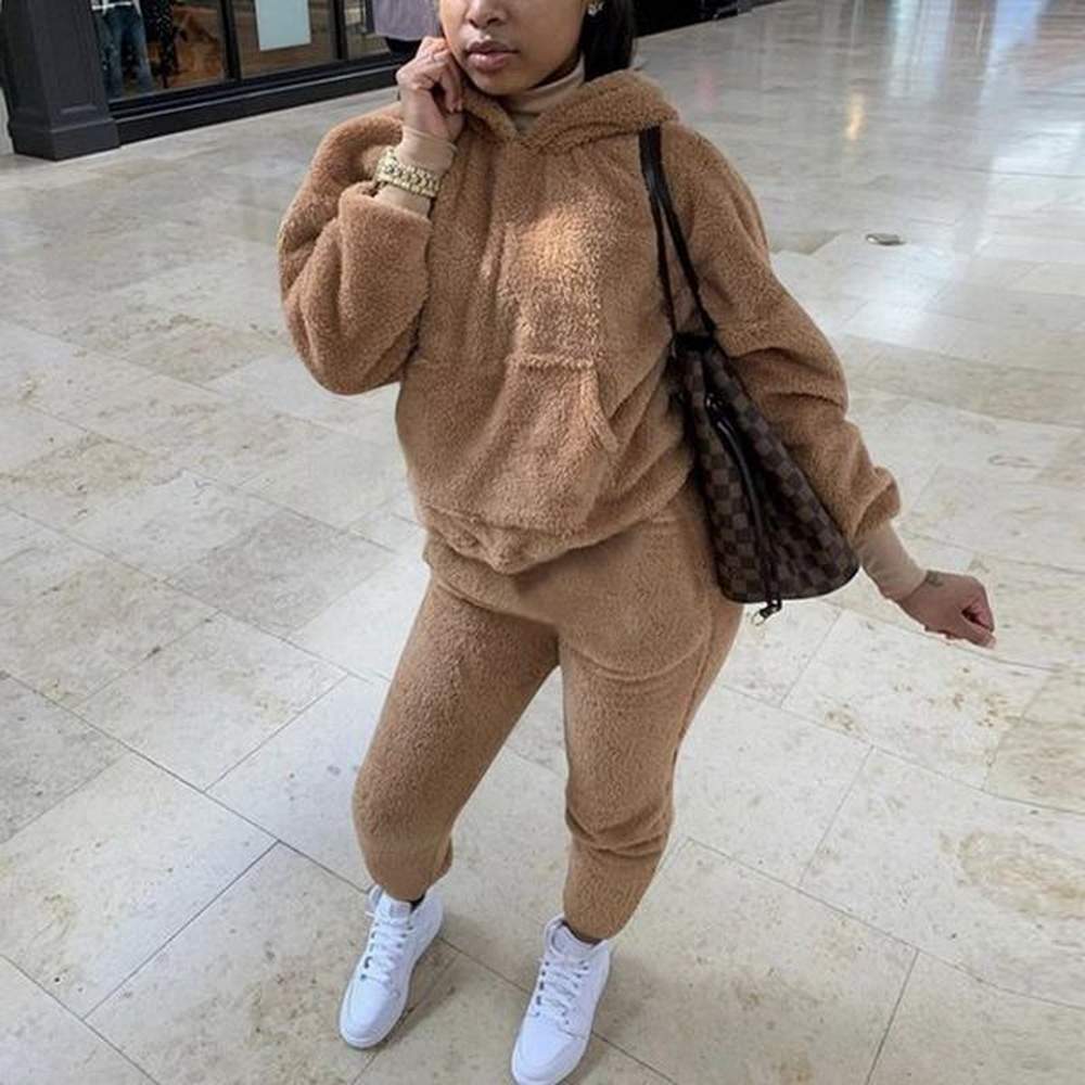 womens plush piece tracksuit set casual fluffy sweatsuit hooded