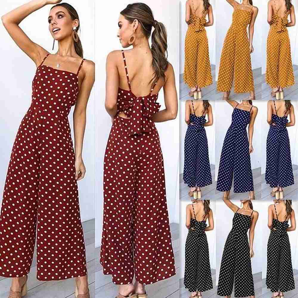 womens polka dot suspender with sleeveless straps casual wide leg