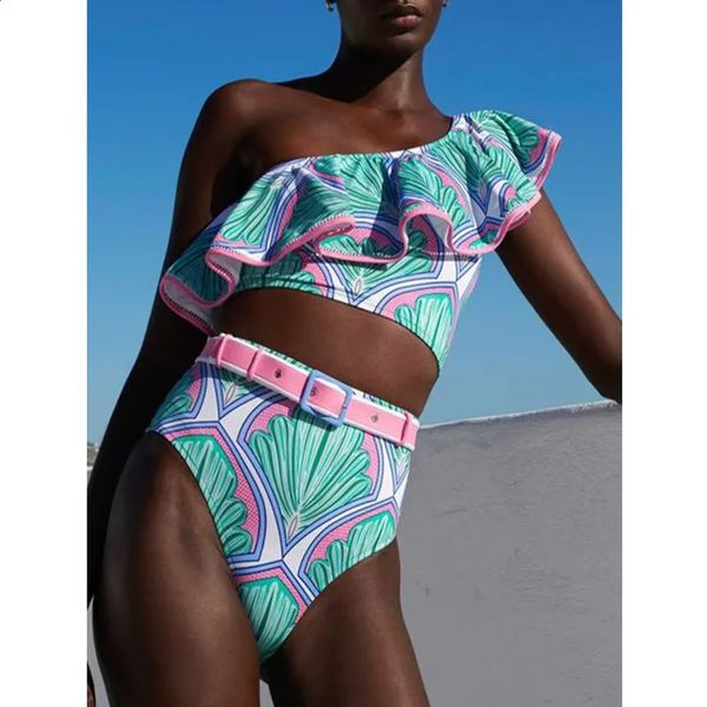 womens printed ruffle swimsuit fashion one shoulder slash breasted bikini