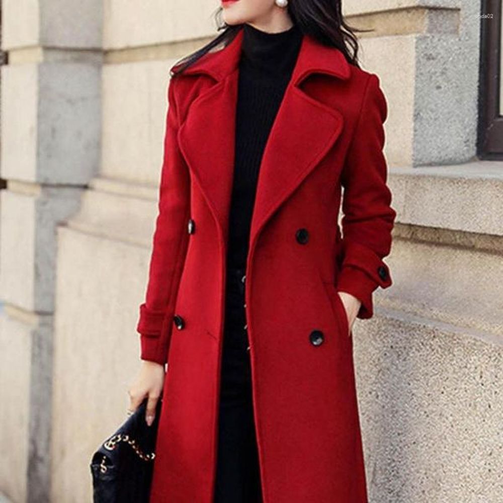 womens red wool blend double breasted trench coat thermal winter