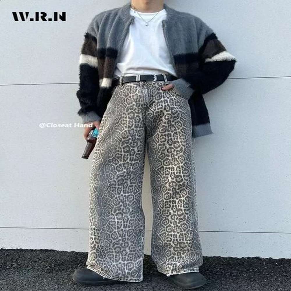 womens retro leopard print thin jeans street casual neutral style