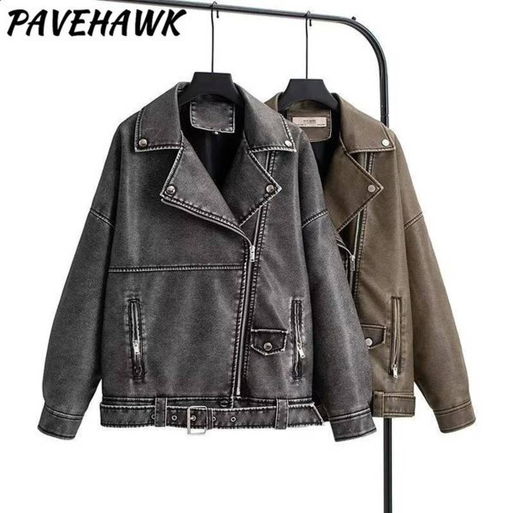 womens retro pu leather jacket with lapel zipper loose streetwear