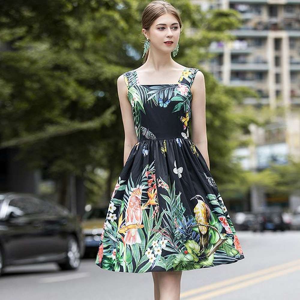 womens runway dress spaghetto straps floral printed elegant designer summer