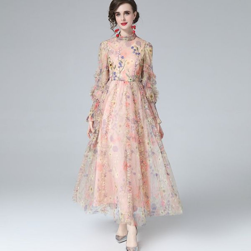 womens runway dress stand collar long lantern sleeves printed ruffles
