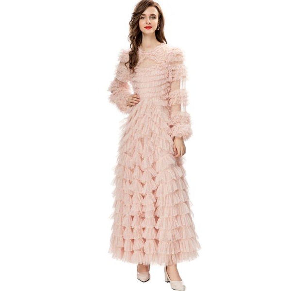womens runway dresses o neck long sleeves tiered ruffles elegant