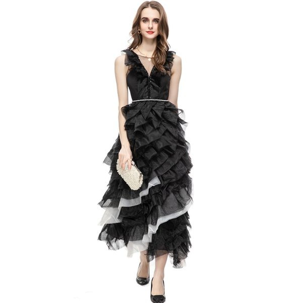 womens runway dresses o neck sleeveless tiered ruffles lolita designer