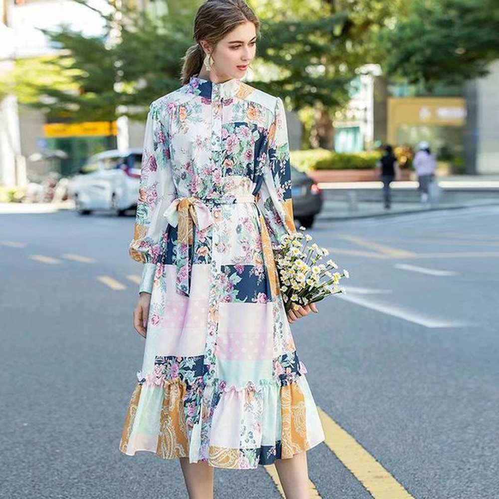 womens runway dresses stand collar long sleeves printed ruffles high