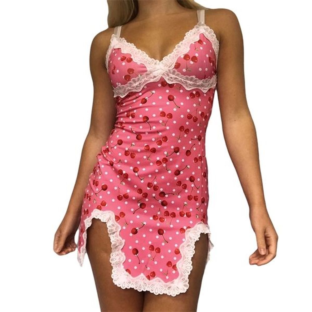 womens sexy bodycon mini dress cute cherry print spaghetti strap