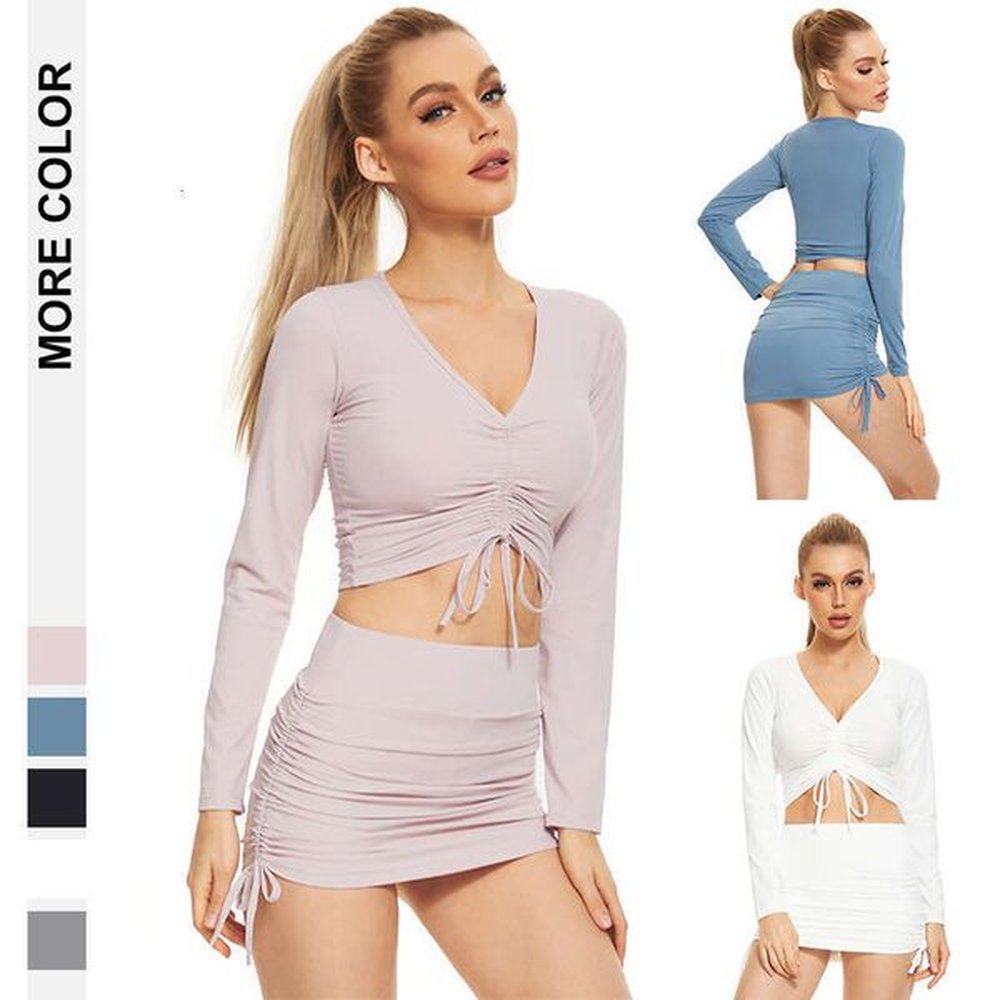 womens sexy drawstring exposed navel long sleeved vneck tshirt casual