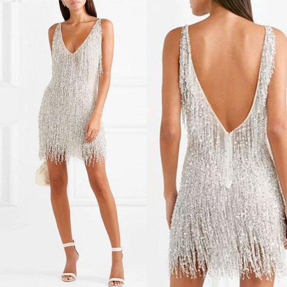 womens sexy fringed vneck slim dress european and american foreign