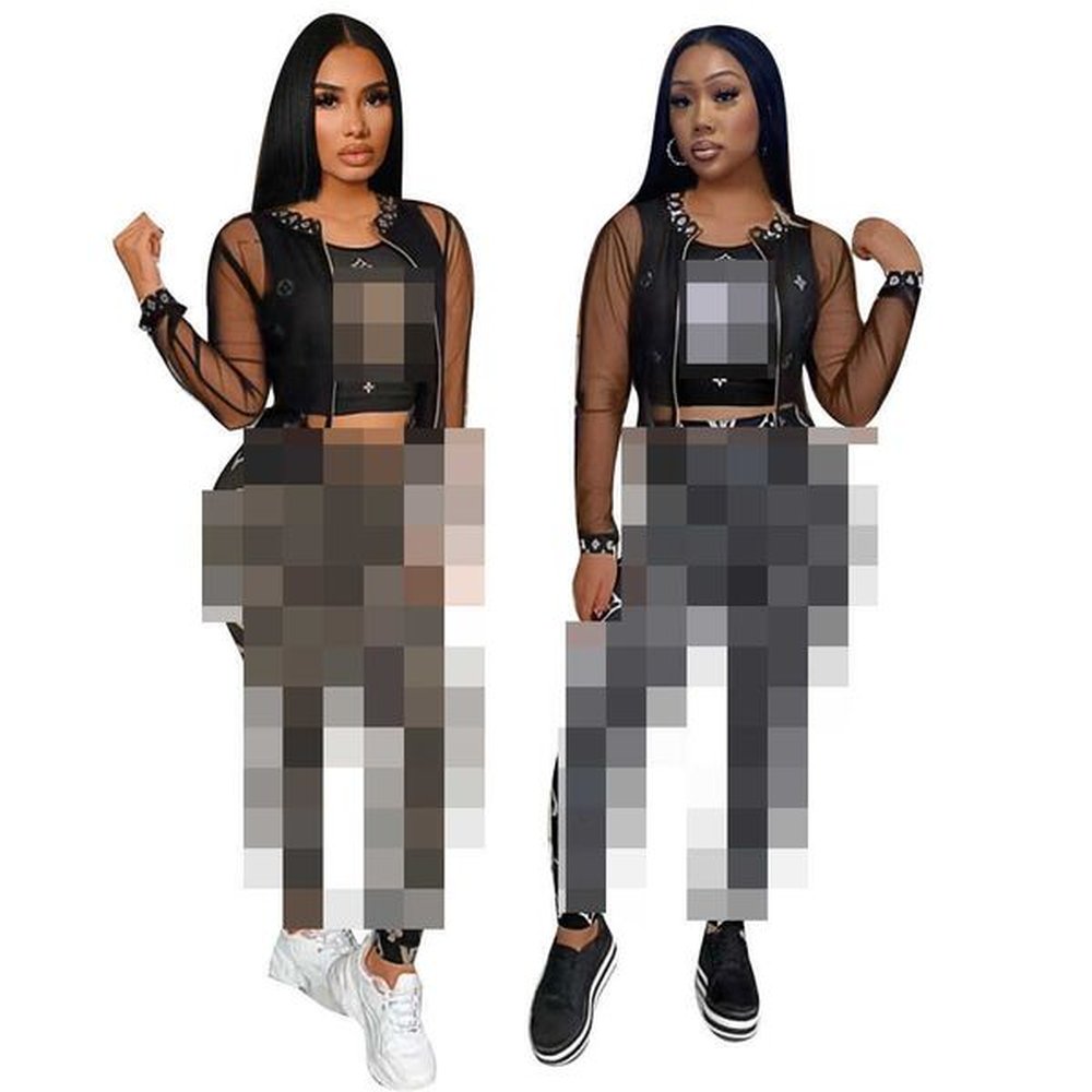 womens sexy mesh coat printed long sleeve temperament tank top three piece set