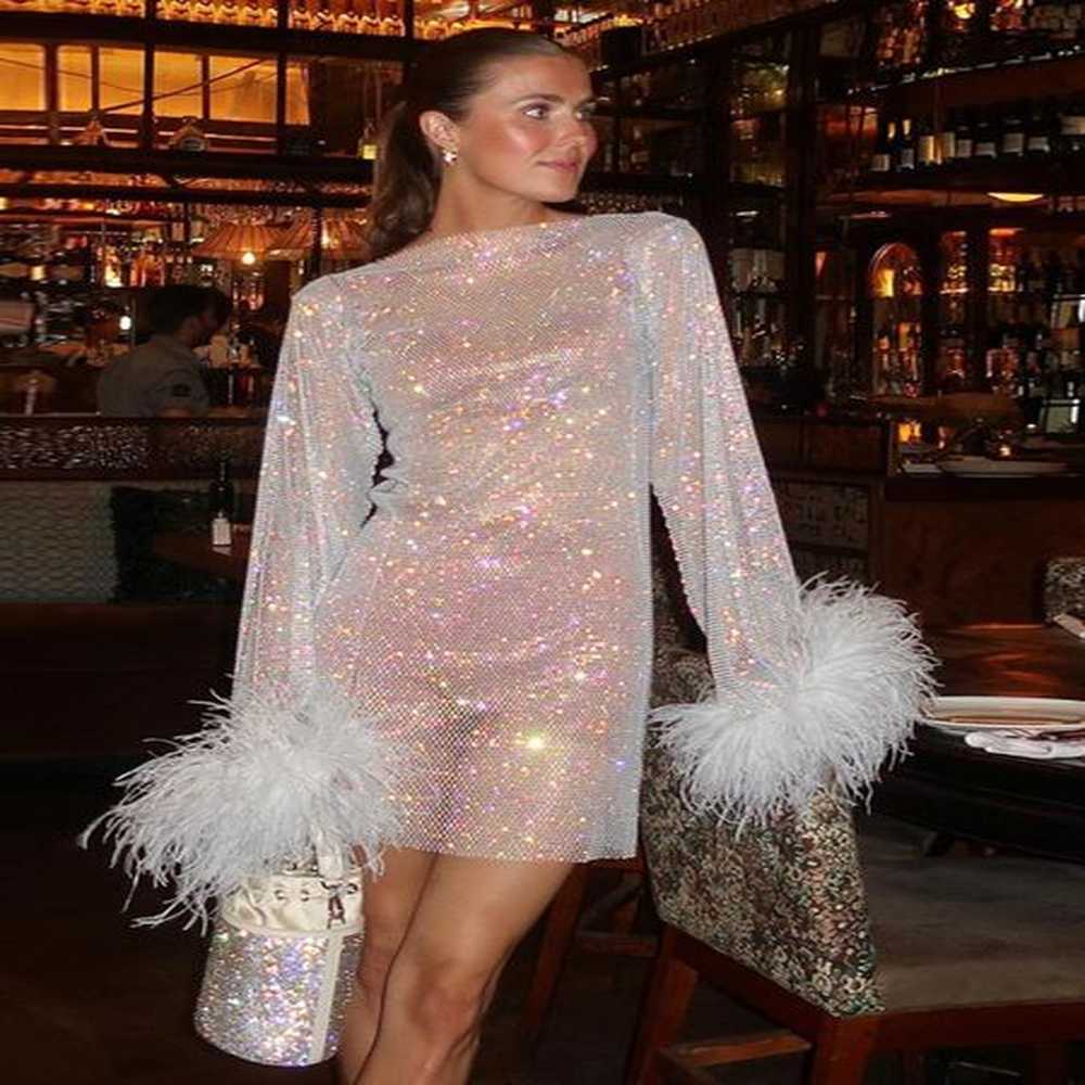 womens sexy mesh mini dress with feathers tassel full sleeve