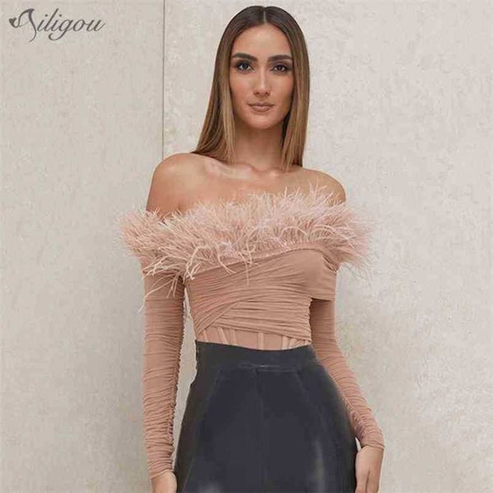womens sexy off shoulder feather blush mesh tight bandage tshirt