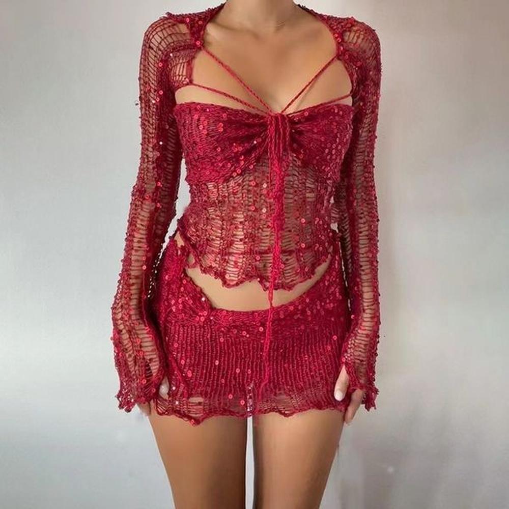 womens sexy sequined two piece dress set split skirt casual