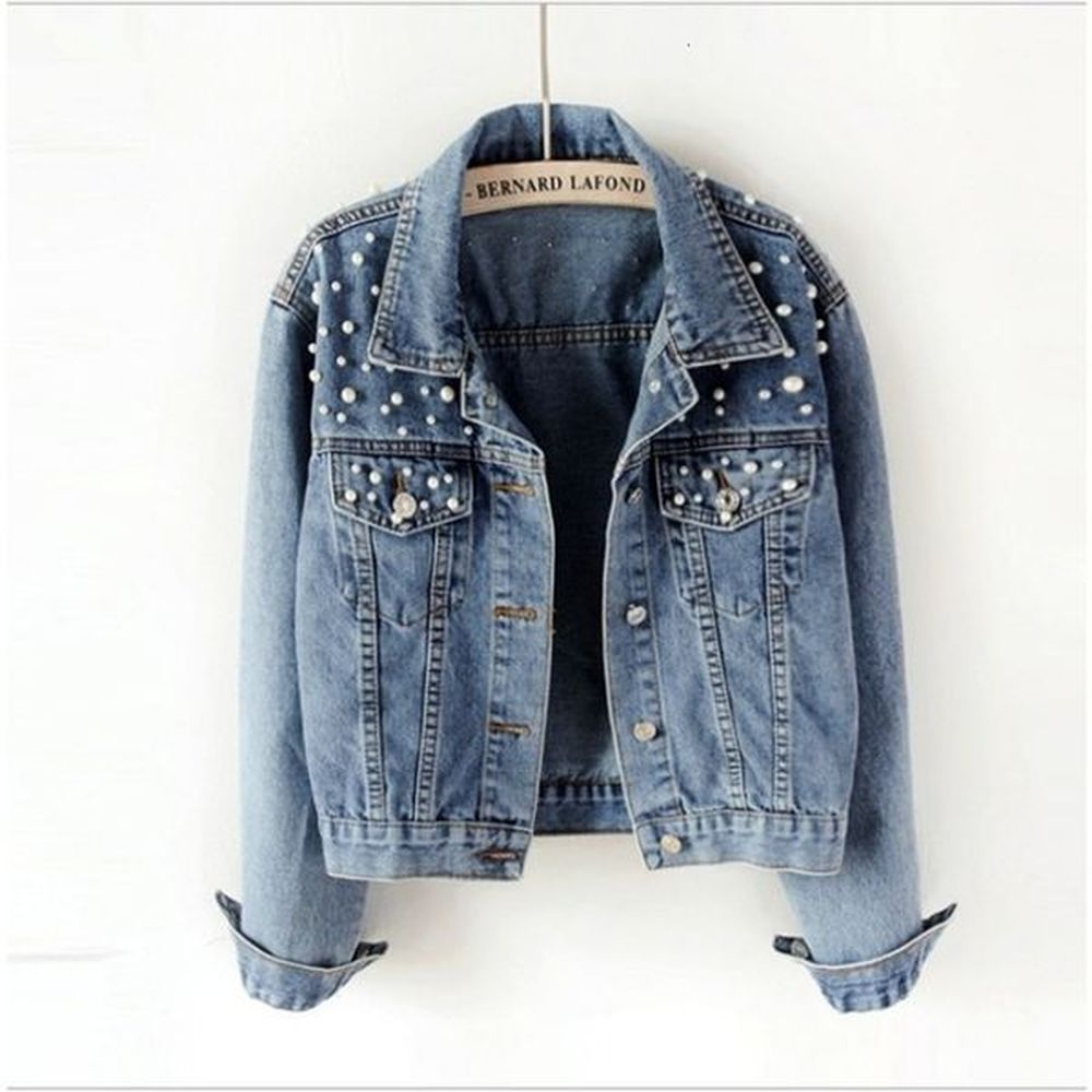womens short denim jacket beaded pearl jacket loose springsummer