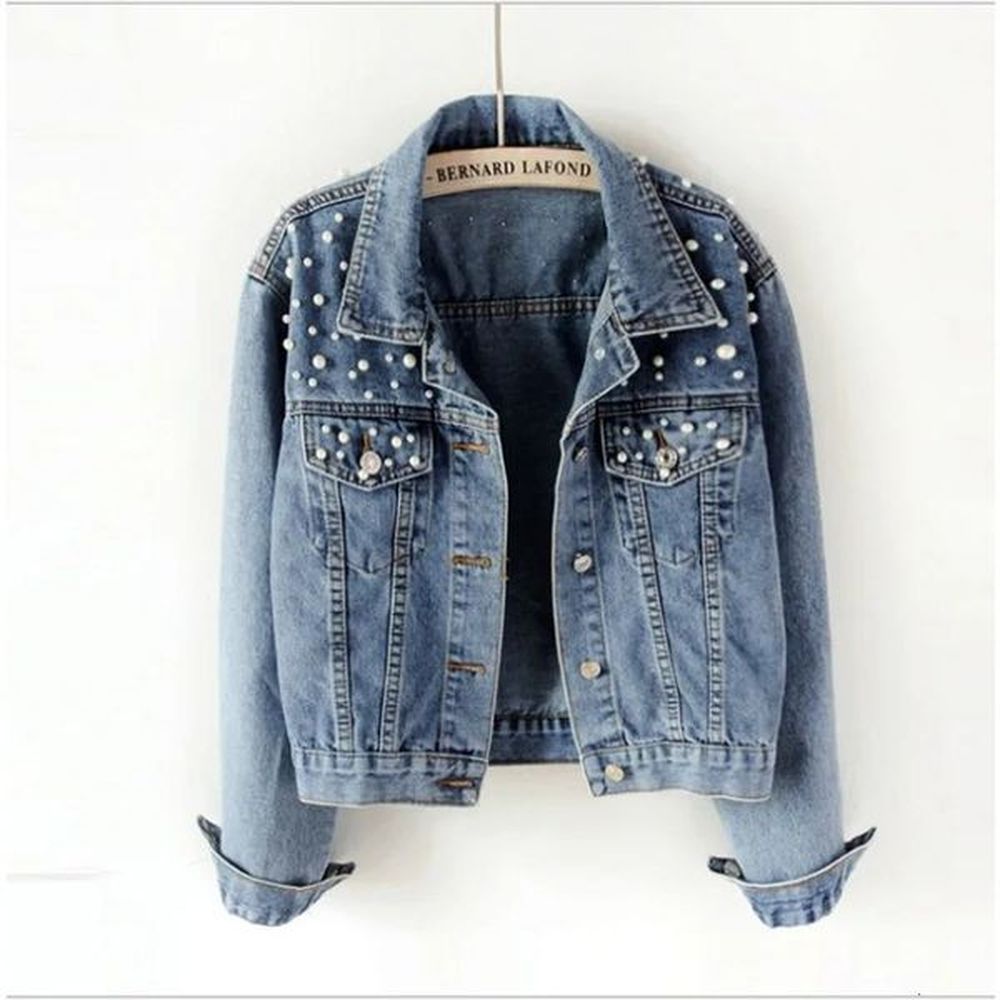 womens short denim jacket beaded pearl loose spring and autumn