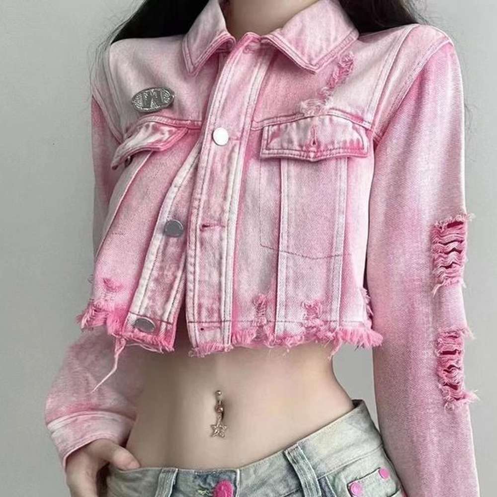 womens short pink ripped denim jacket jeans top
