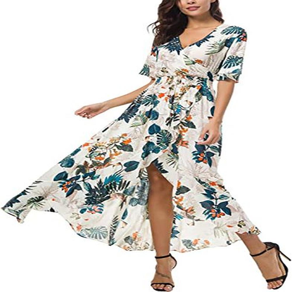 womens short sleeve floral high low vneck flowy party long