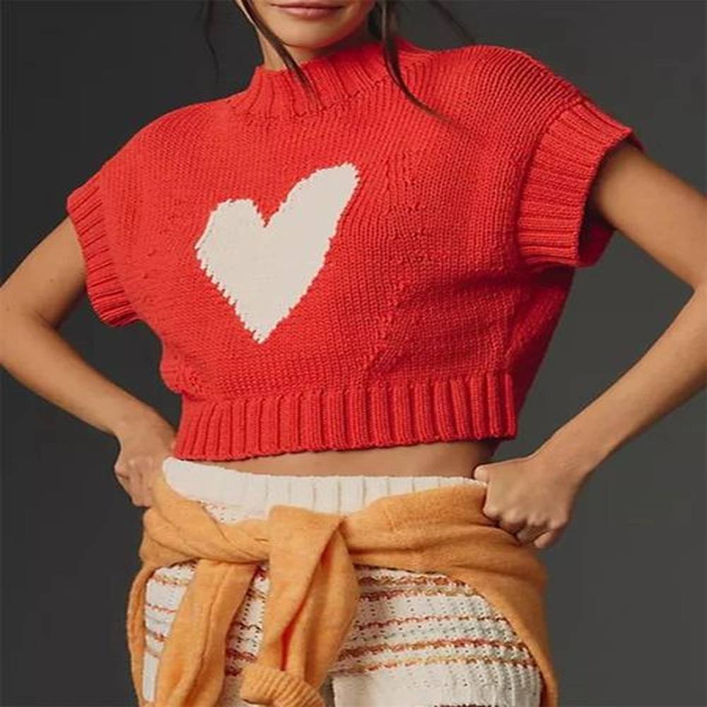 womens short sleeve sweater heart mock neck crop knitted tops