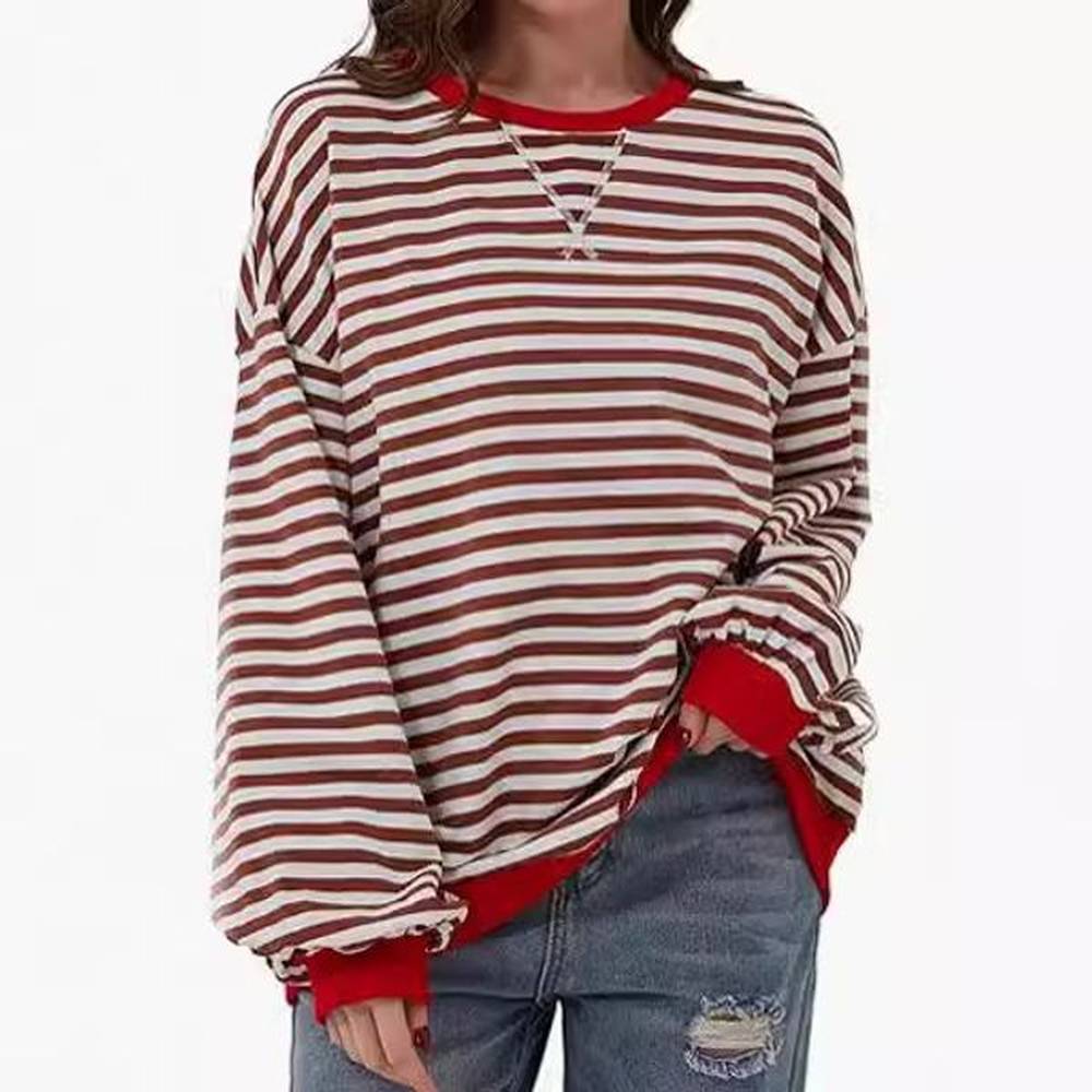 womens simple striped round neck color blocked casual pullover