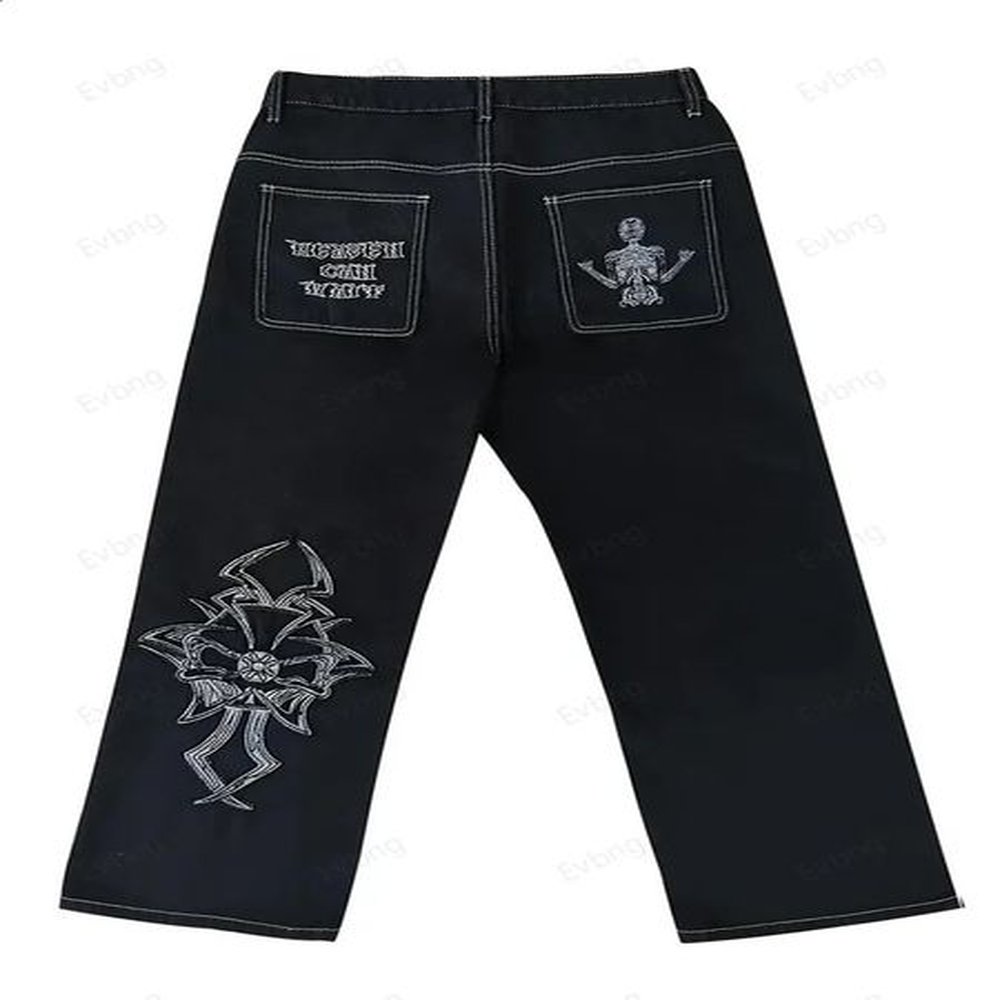 womens skeleton embroidery jeans mens casual street style loose fit