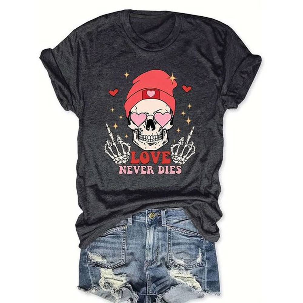 womens skull love valentines day casual loose round neck short