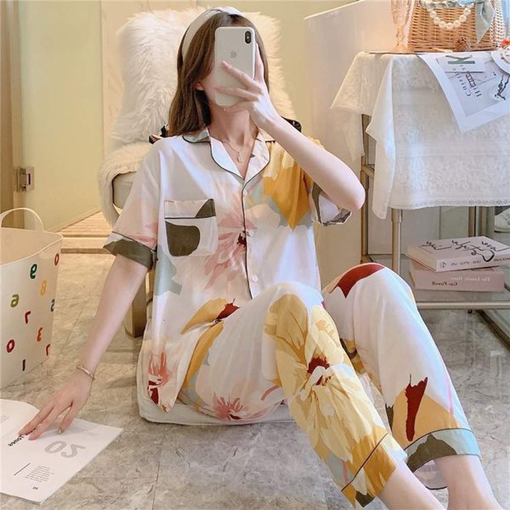 womens sleepwear cotton silk pajamas womens thin cartoon printed cardigan