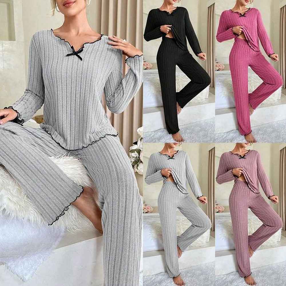 womens sleepwear piece womens pit strip knitted long sleeve vneck