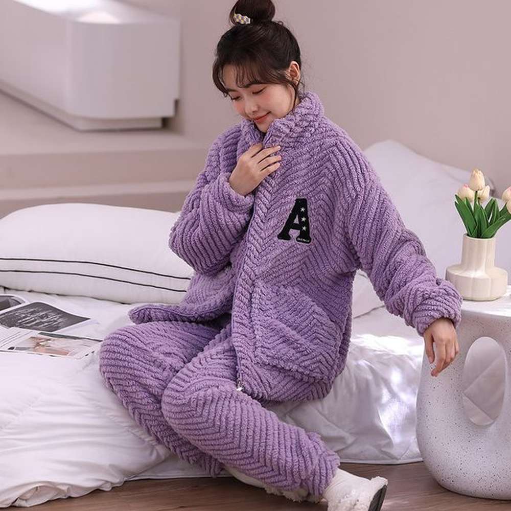 womens sleepwear women winter warm pajamas set long sleeve zipper