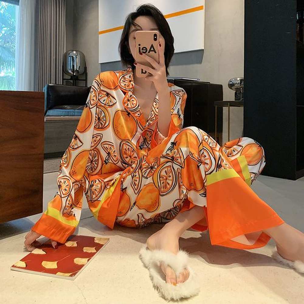 womens sleepwear womens orange print pajama set satin silk sleepwear
