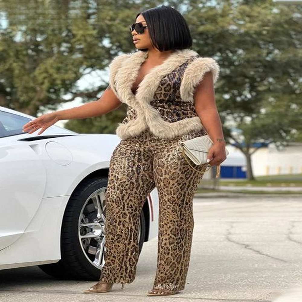 womens sleeveless fur leopard sequined vneck wool vest and pant