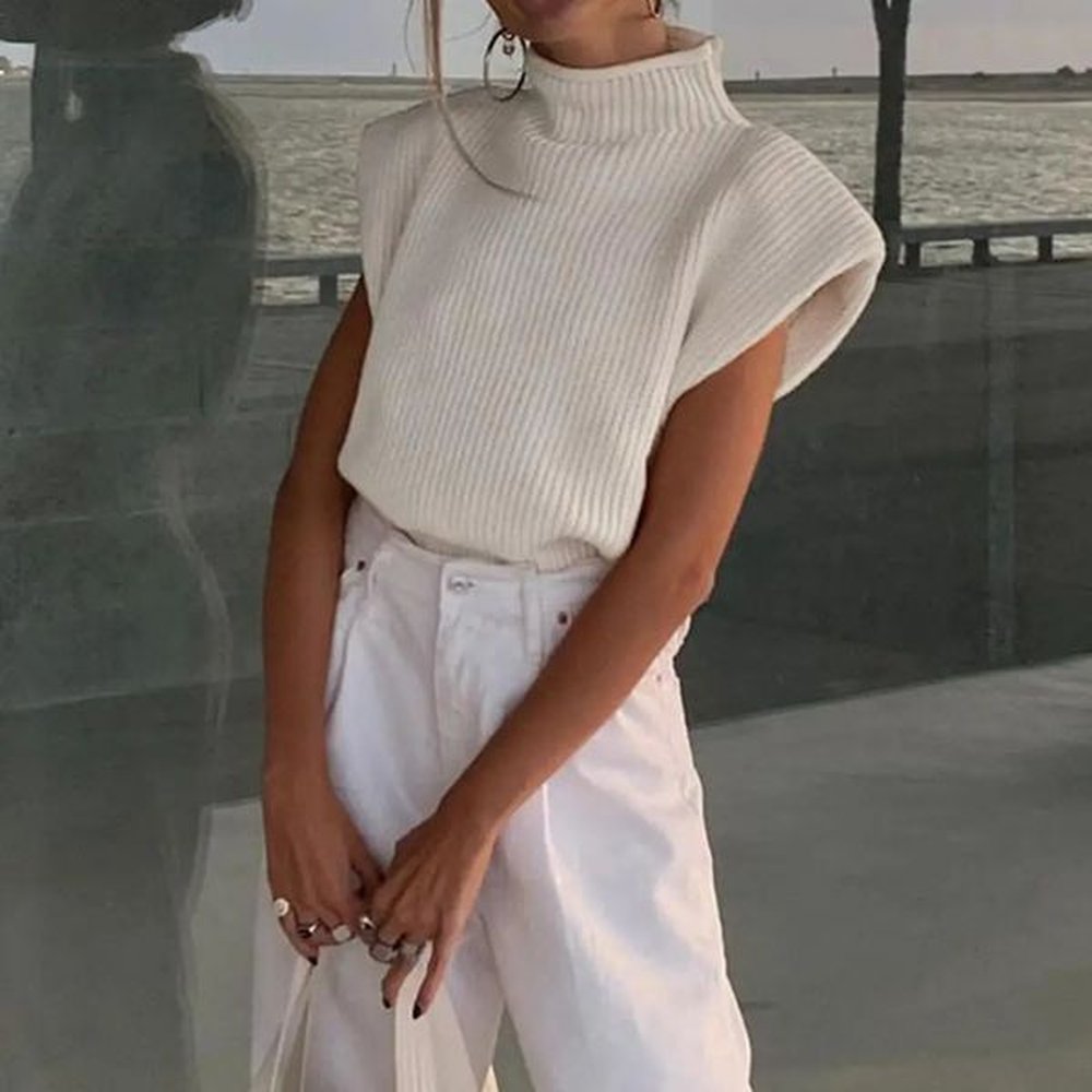 womens sleeveless vest sweater knitted loose zipper with shoulder pads