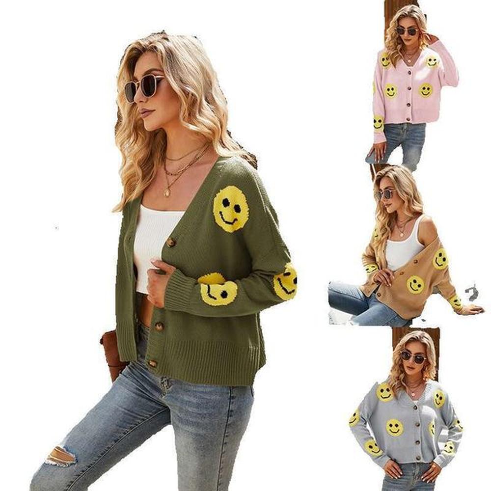 womens smiling face knitted cardigan long sleeved loose knit sweater
