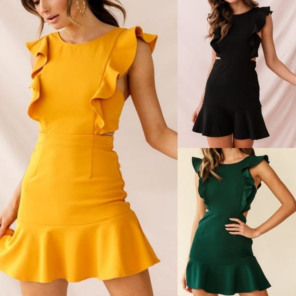 womens solid color round neck sleeveless ruffle edge irregular