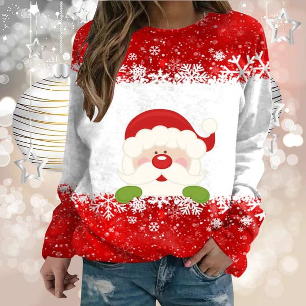 womens sports shirt with christmas pattern printed street round neck